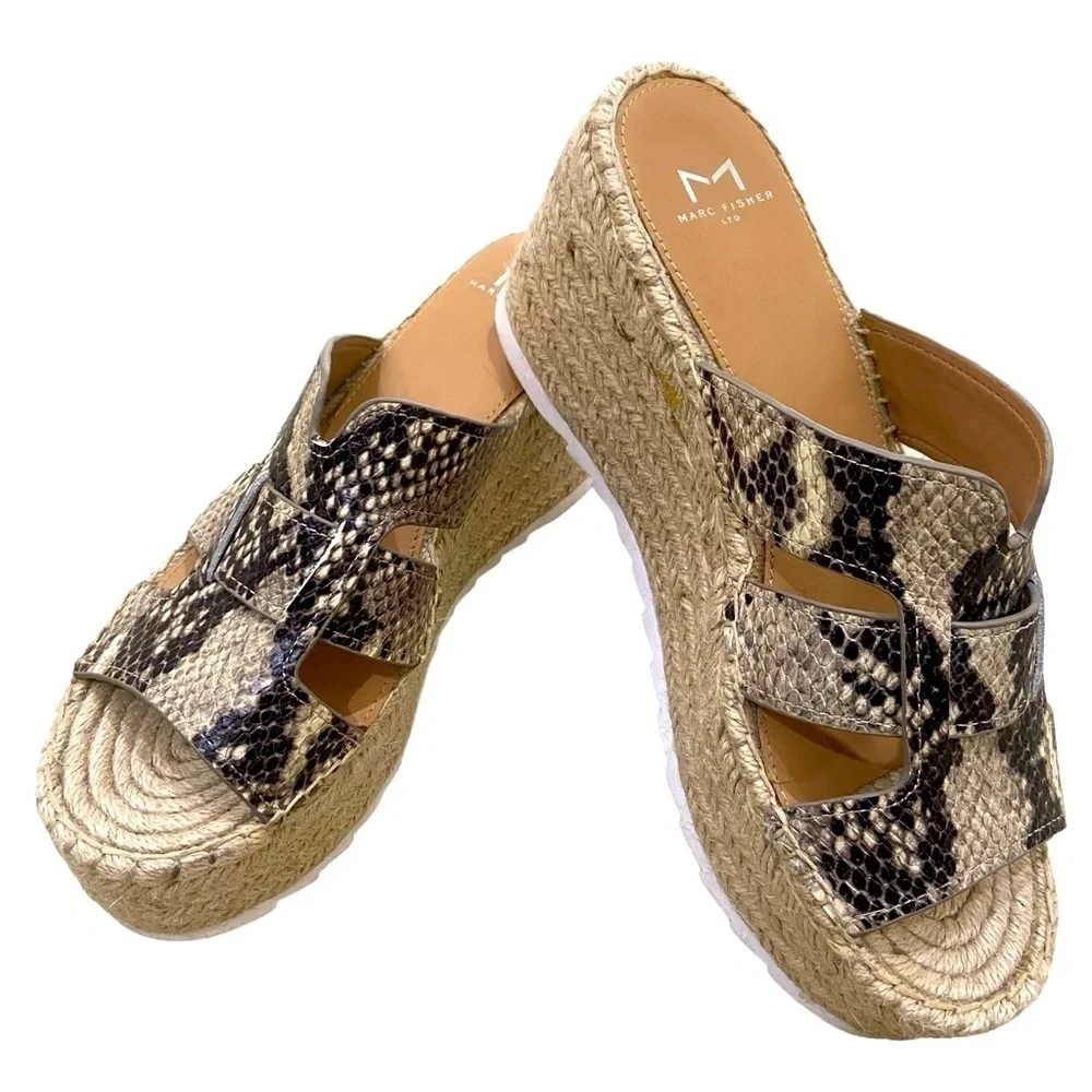 Marc Fisher Robynn leather python print espadrilles platform wedge sandal sz 8